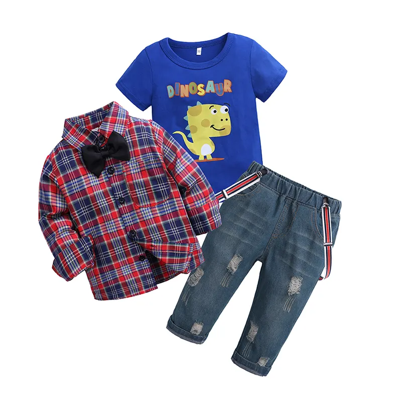 Autunno abbigliamento per bambini plaid camicia di jeans blu della maglietta 3 pcs set capretti del bambino dei ragazzi del vestito