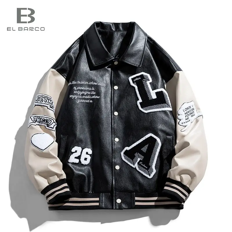 EL BARCO all'ingrosso in pelle colletto rovesciato impiombato lettera patch ricamo nero uomo personalizzato Letterman Baseball Varsity Jacket