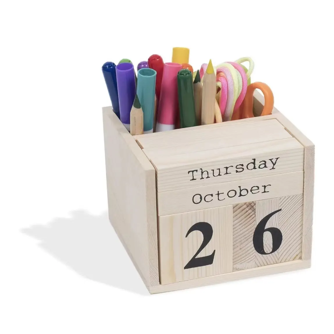 Caja de bolígrafo de escritorio de oficina de diseño simple con portalápices de madera de calendario