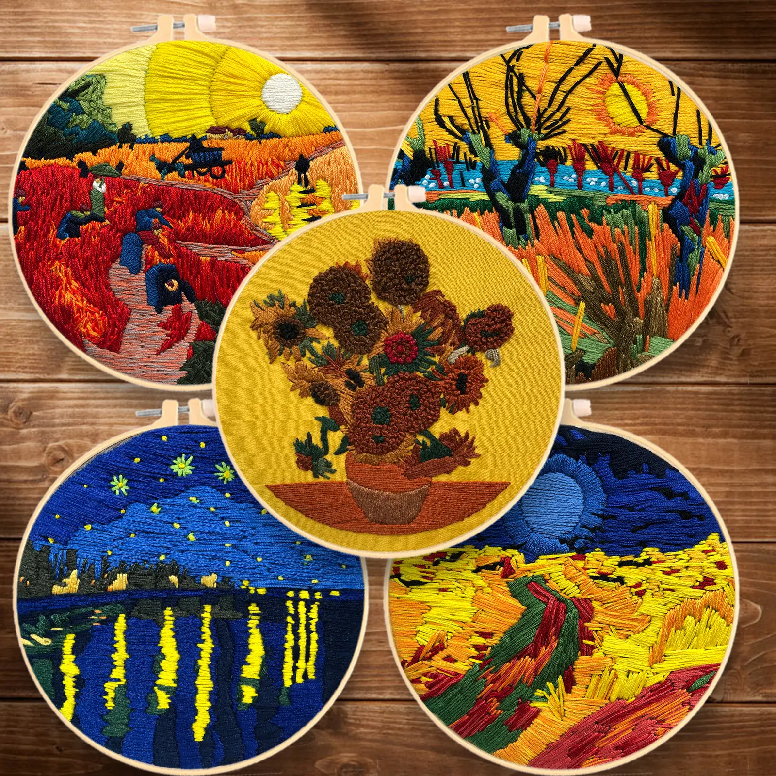 Débutant Broderie Tissu Fils Matériel Sac Van Gogh Peinture À L'huile DIY 3d Paysage Couture Point De Croix Kit Mur Dessine