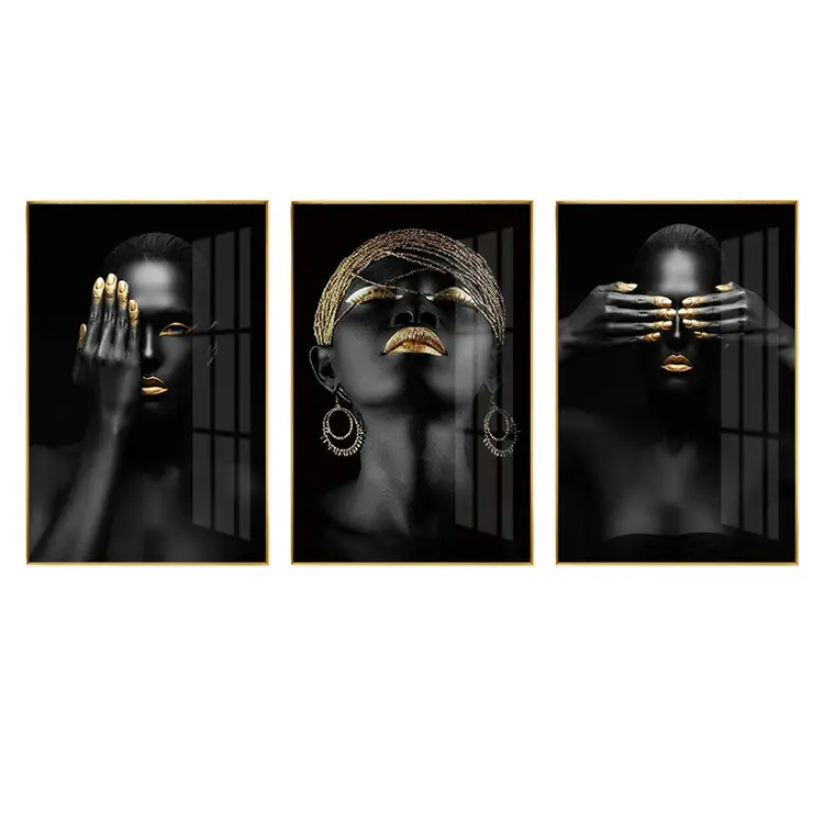 Vendita calda moderna africana arte della parete a 3 pannelli di pittura su tela nera con ritratto astratto soggetti di dimensioni personalizzate per la decorazione