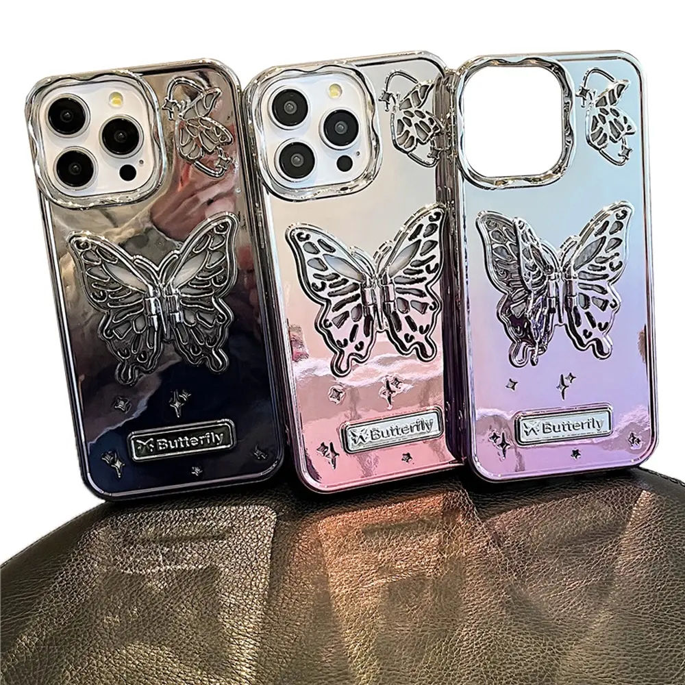 MAXUN Fashion Luxury Plating 3D Butterfly Bracket Gradient Women Girls Phone Case For iPhone 11 12 13 14 15 Plus Pro Max Cover