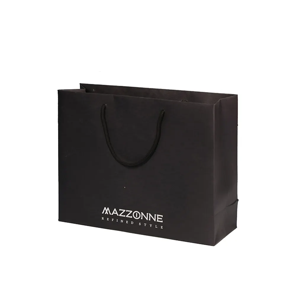 Custom Logo Matt Black Shopping Paper Bag Printed Clothing Bags Art Paper Gift Packaging Bags for Shoes Luxury Ribbon Handle
