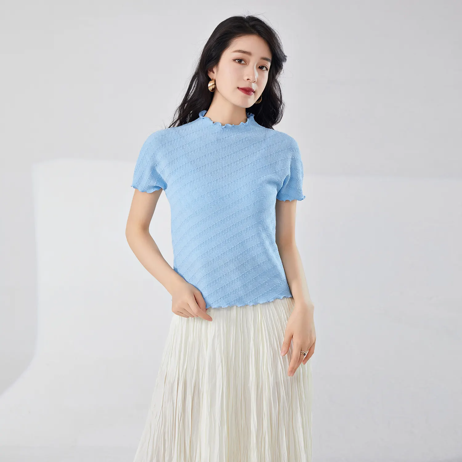 Schlussverkauf Damen lässiges kurzes T-Shirt plissiertes Design mit Rundhalsausschnitt atmungsaktiv kurzarm-Top speziell Sommer pendeln