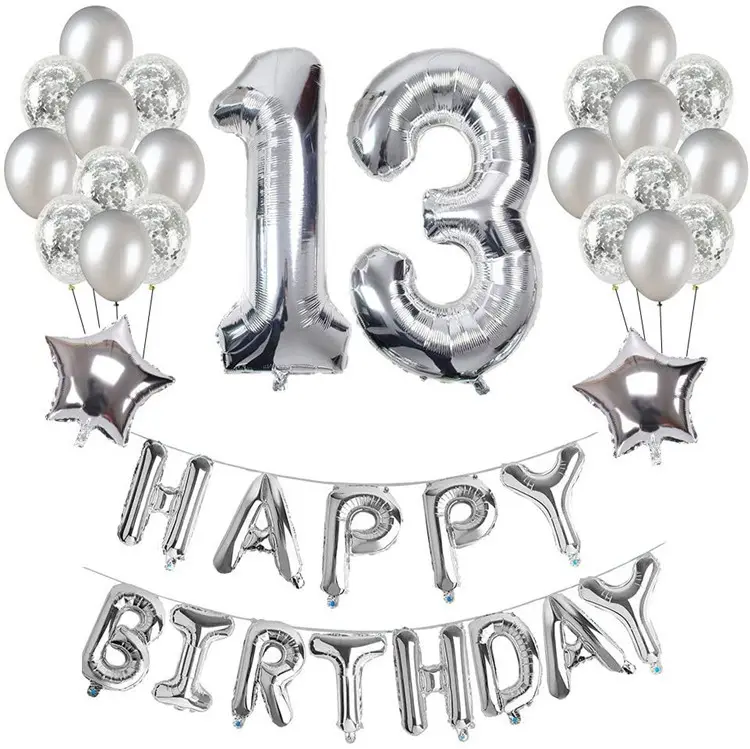 13th Birthday Decorations silver for Girl boyBirthday Party Supplies 39 Piece with Happy Birthday Banner Confetti Latex Balloons
