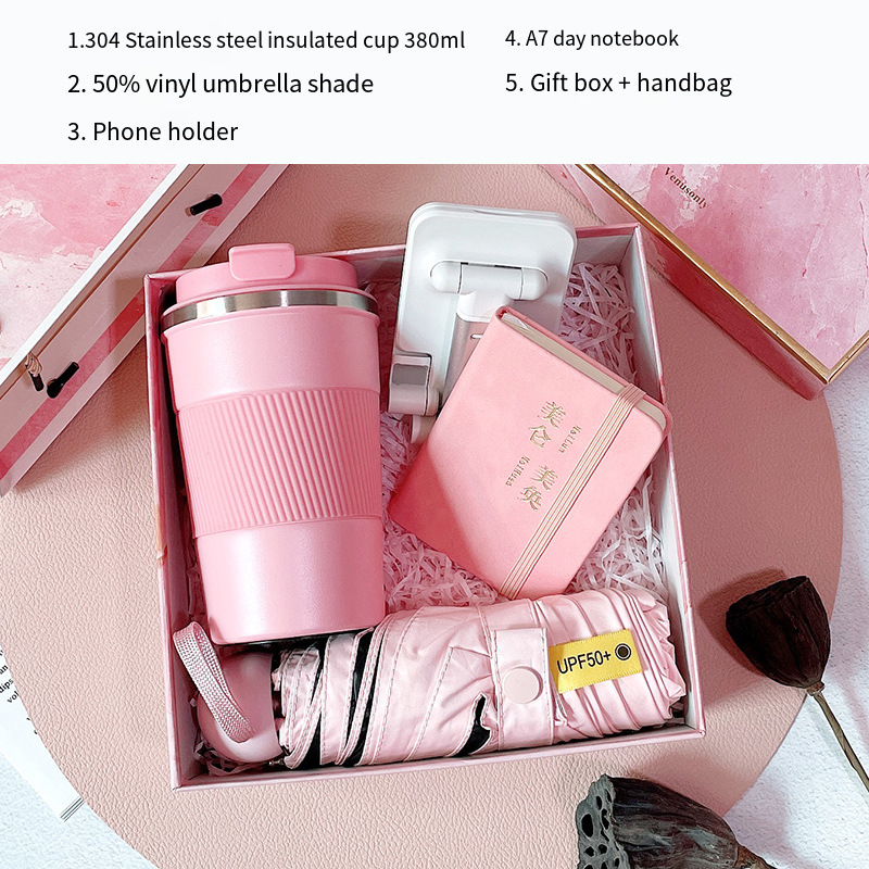 Thermos cup + umbrella + mobile holder + A7 book (pink)