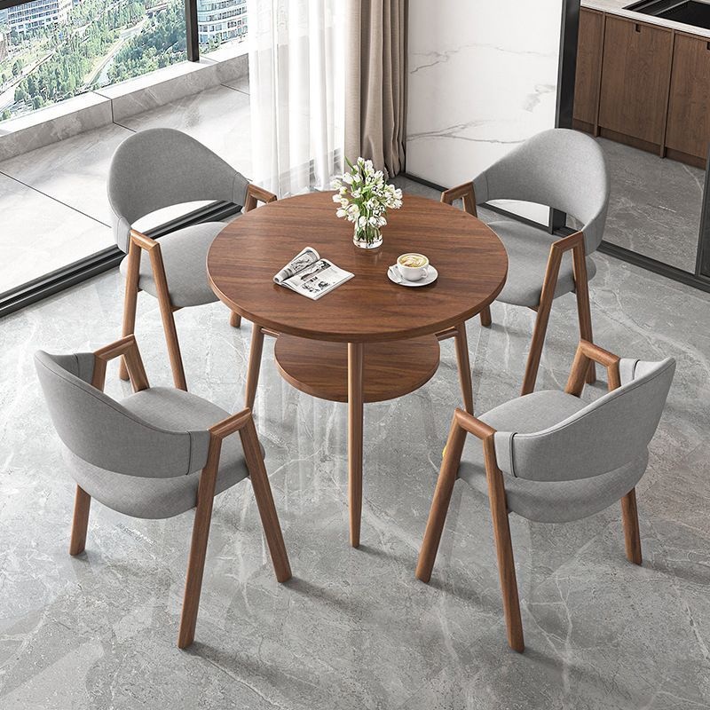 Round table + 4 light gray fabric chairs-walnut legs