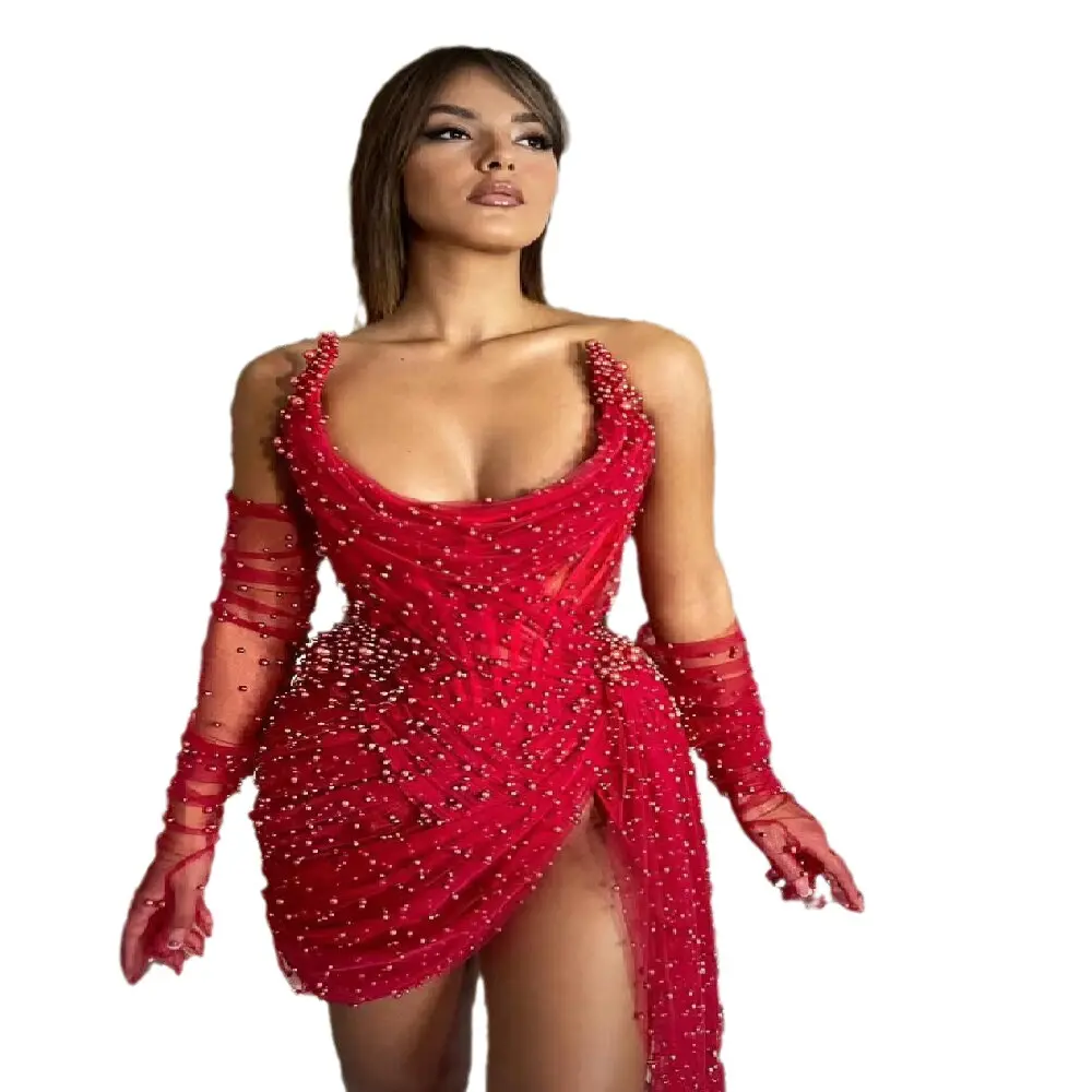 Moda di lusso di alta qualità di paillettes scollate attillate aderenti rosso abiti da sera corti di compleanno festa del ballo di fine anno