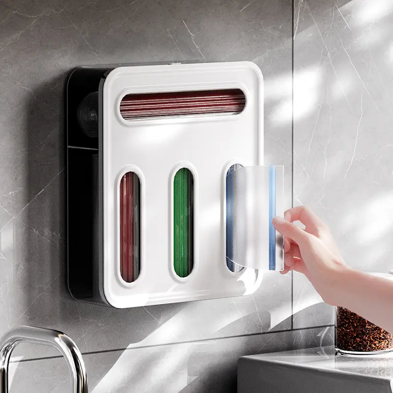 Dispenser multiuso per sacchetti per alimenti in plastica trasparente per montaggio a parete da cucina per cassetto