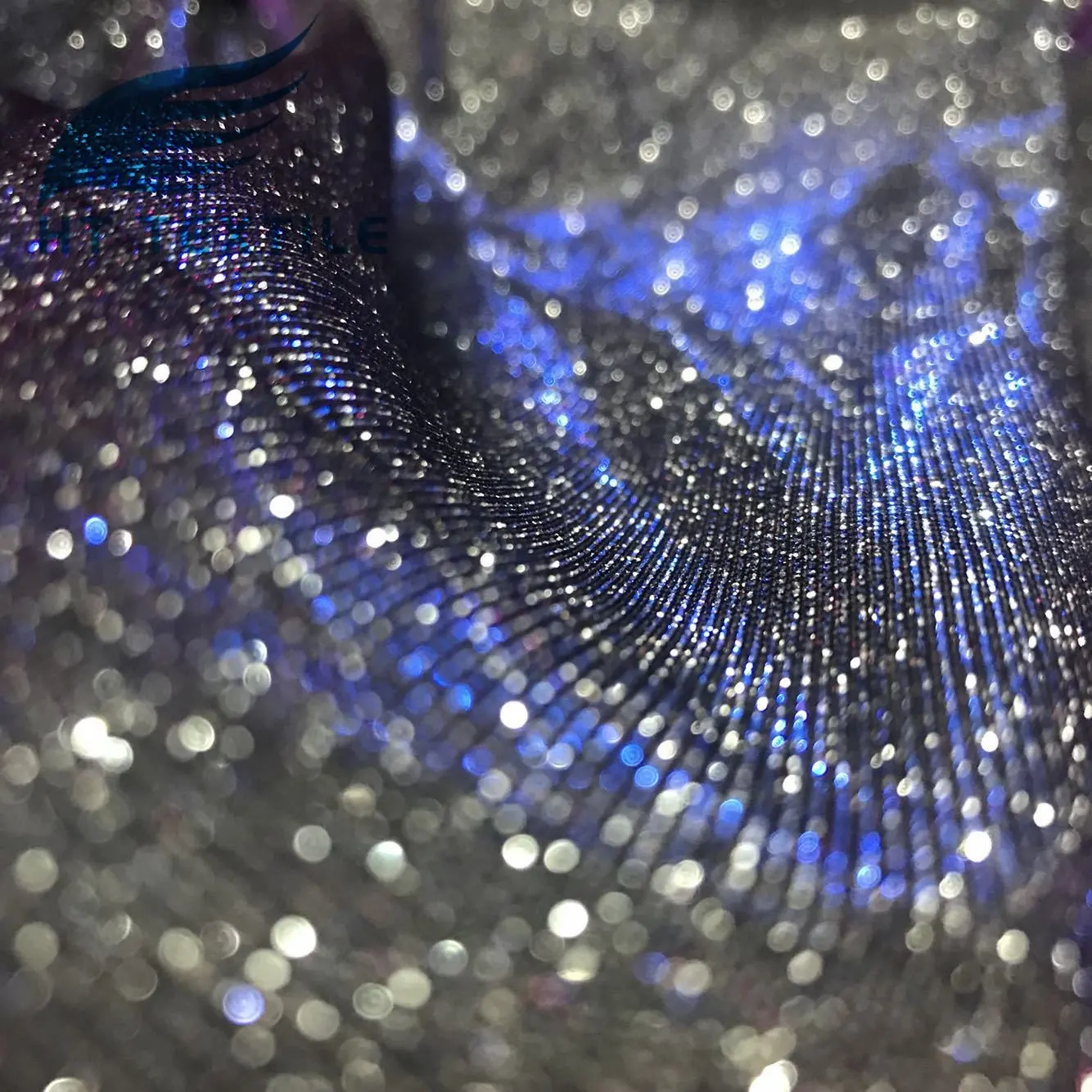 Due tono riflettente di colore chiaro di luna legato metallic lurex tessuto di maglia con glitter per le donne del vestito