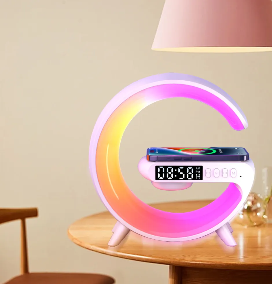 Mini lámpara de escritorio inteligente en forma de G, lámpara de mesita de noche inalámbrica, lámparas de carga inalámbricas LED con altavoz, reloj despertador