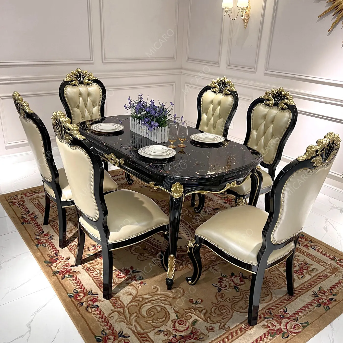 French model latest design of ebony black color marble top wooden antique dining table with 6 chairs