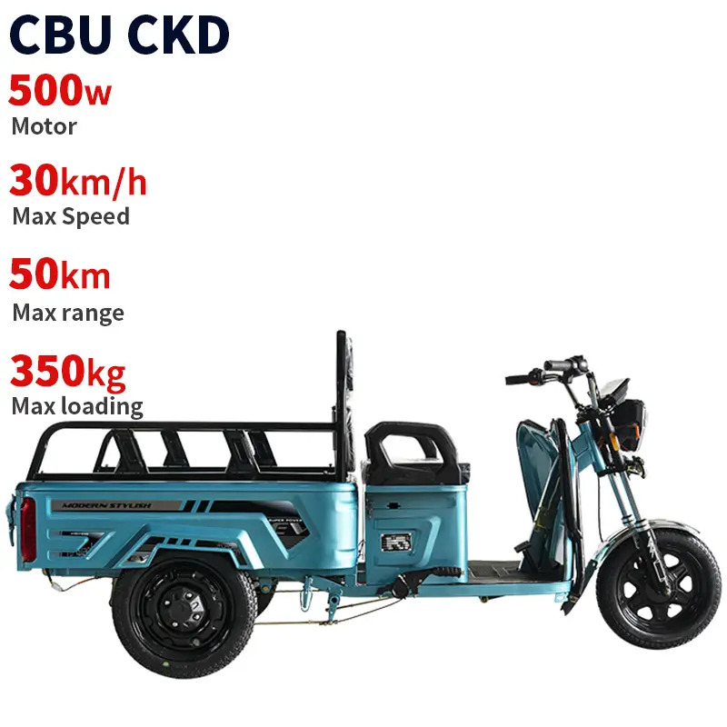 CKD sepeda roda tiga elektrik, seri 120 500W 30H daya 30km/jam daya tahan 50km/jam 350kg beban tiga roda dengan kabin 1000*850mm
