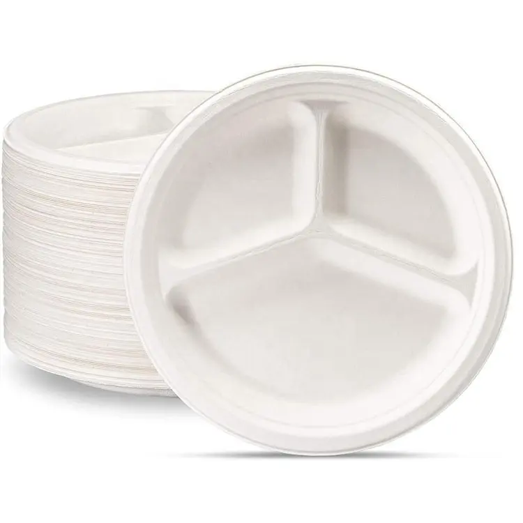 Düğün için 8.5 inç plastik bölünmüş servis tabakları tek kullanımlık BPA ücretsiz 3 bölmeli beyaz yuvarlak plakalar