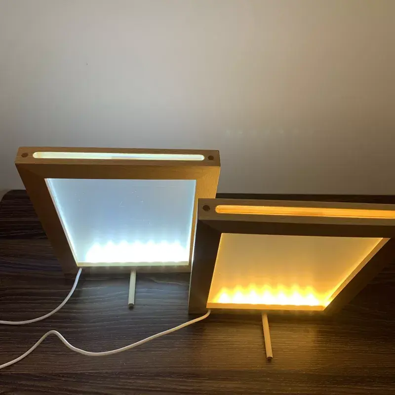 Marco de fotos de madera personalizado, luz LED nocturna, tallado 3D de haya, decoración luminosa de cristal acrílico