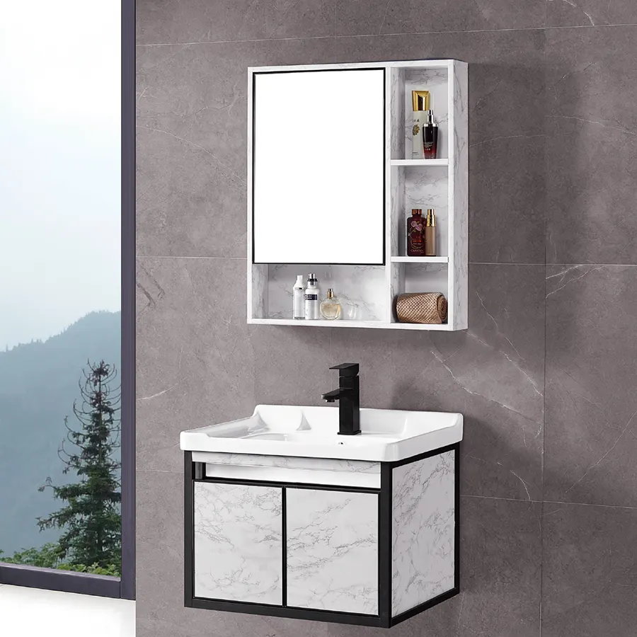 New hanging white bathroom sink cabinet and mirror cabinet with hand wash basin