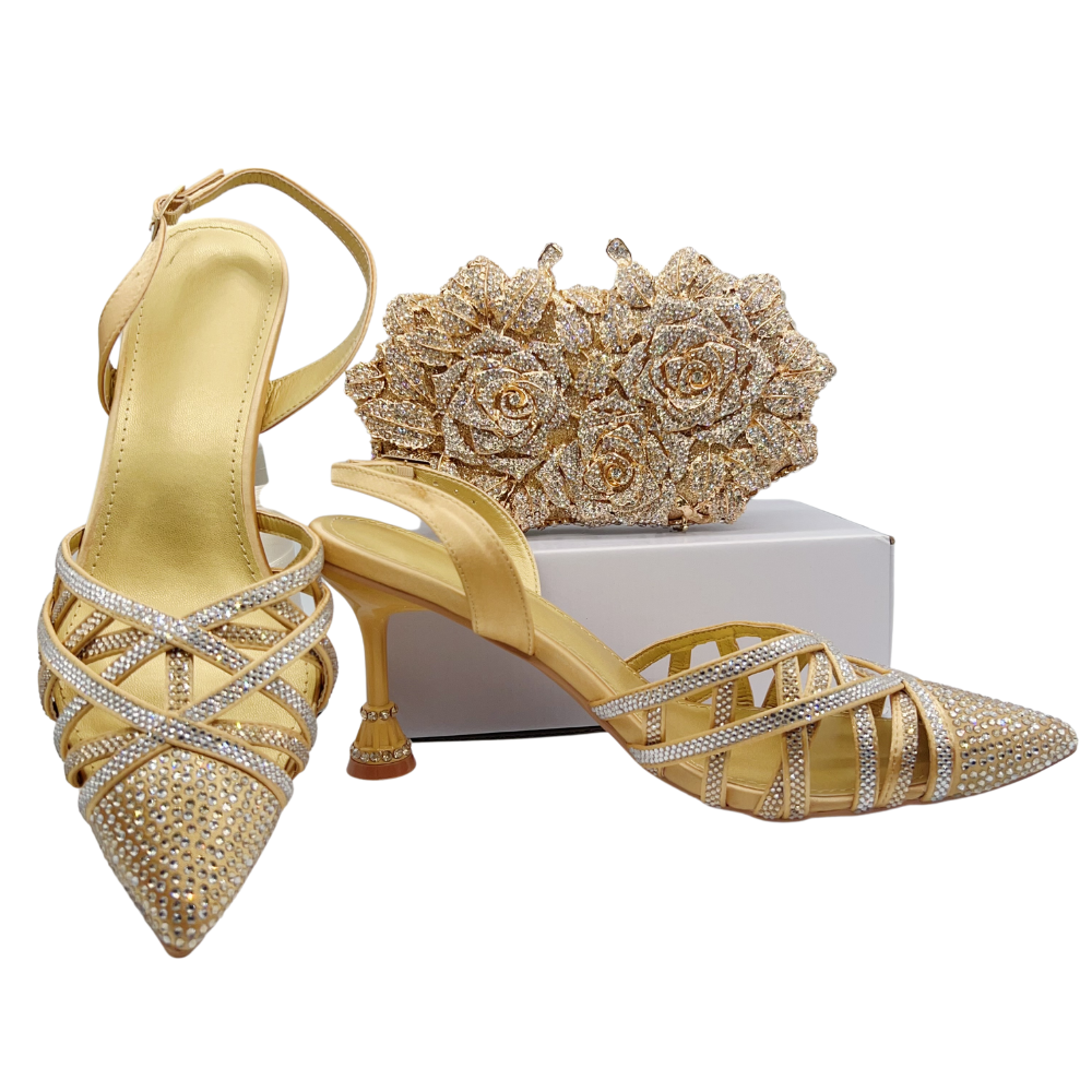 2 gold shoes and bag