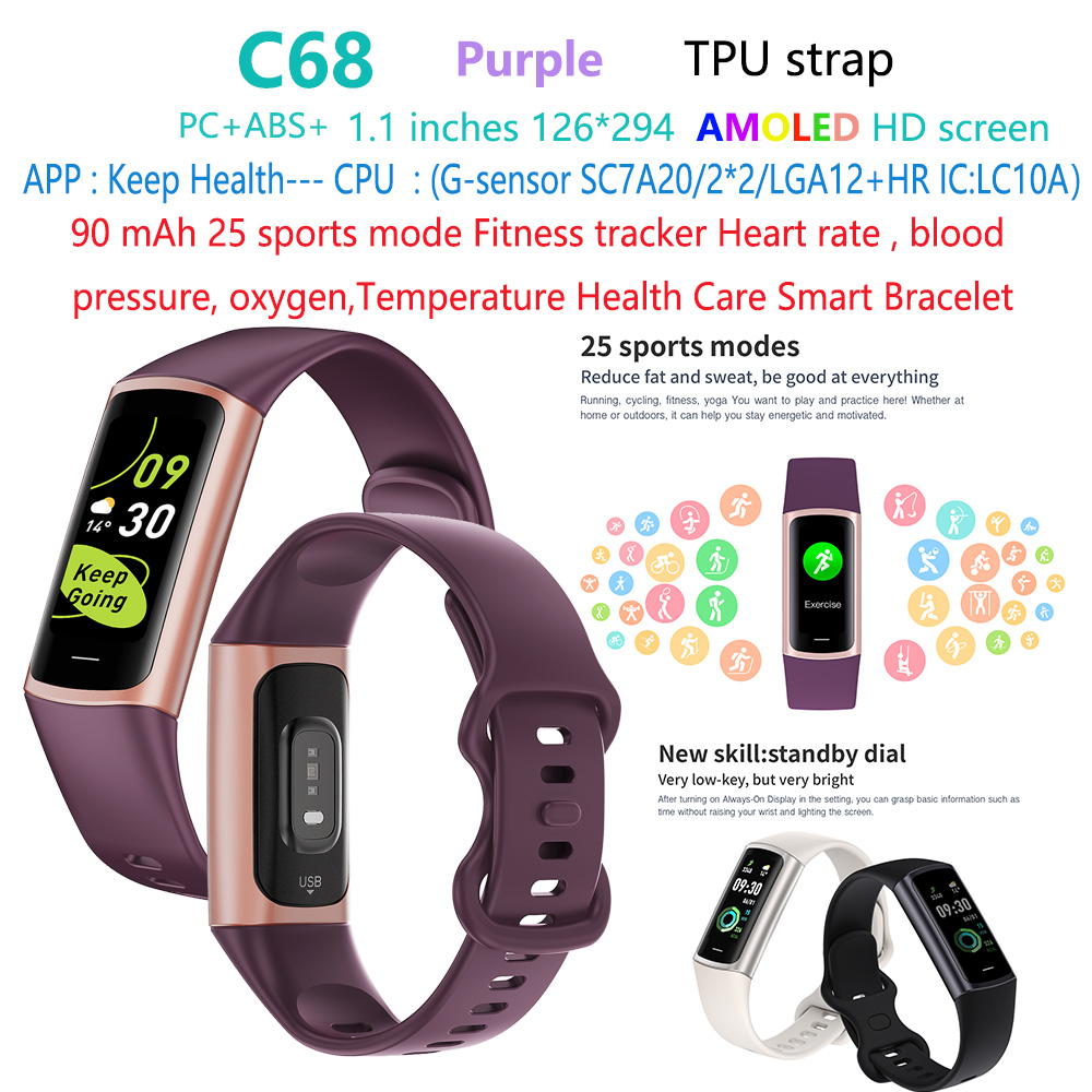 Púrpura C68-fitness-tracke-smart-bracelet-band-