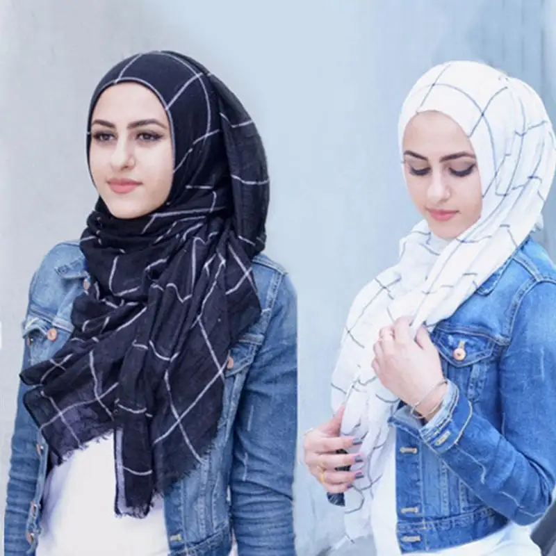 Modelos de otoño e invierno de algodón y lino a cuadros bufanda a rayas a cuadros algodón señoras chal Spot venta al por mayor mujeres musulmanas Hijabs