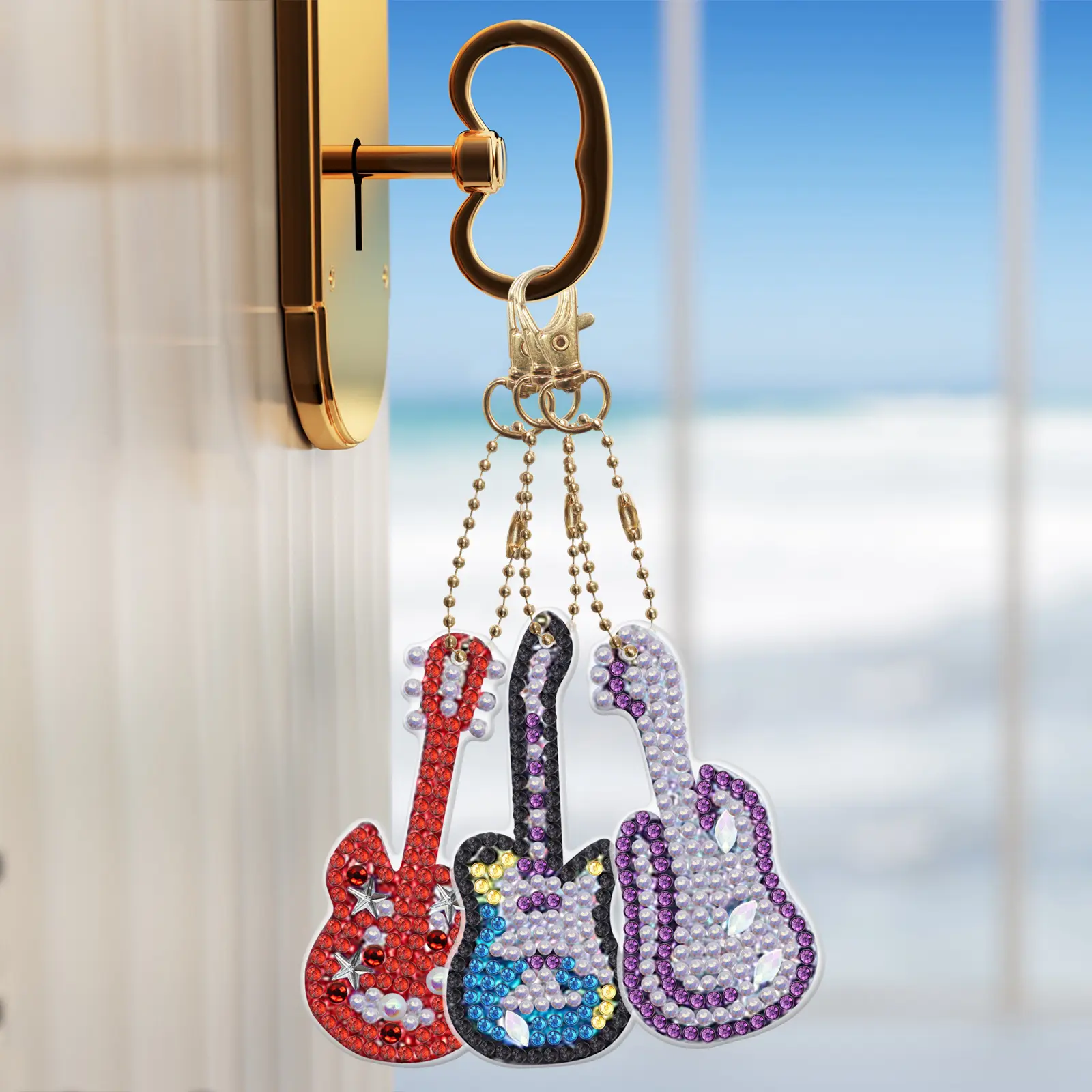 Personnalisé Diamant Peinture Porte-clés Diamant Gem enfants jouet Guitare Musique Porte-clés Diamant Broderie Fille Sac Pendentif Cadeau D'anniversaire