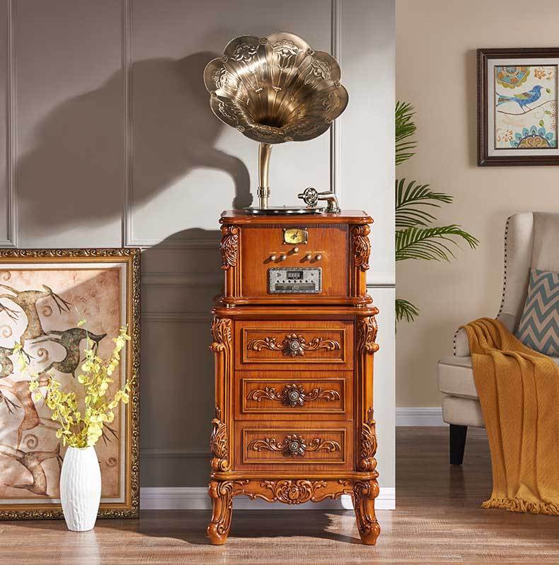 vintage design Wooden desktop record player vinyl and gramophon turntable phonograph in western style restaurant