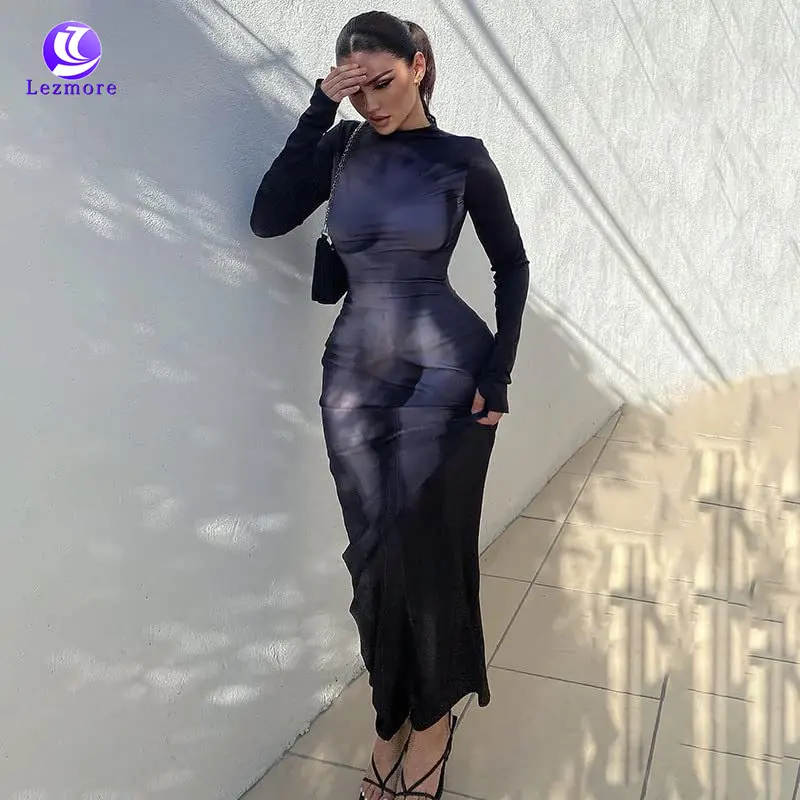 Bayanlar için 2023 toptan moda baskı uzun kollu bodycon elbise slim fit maxi uzun elbise kadınlar günlük elbiseler