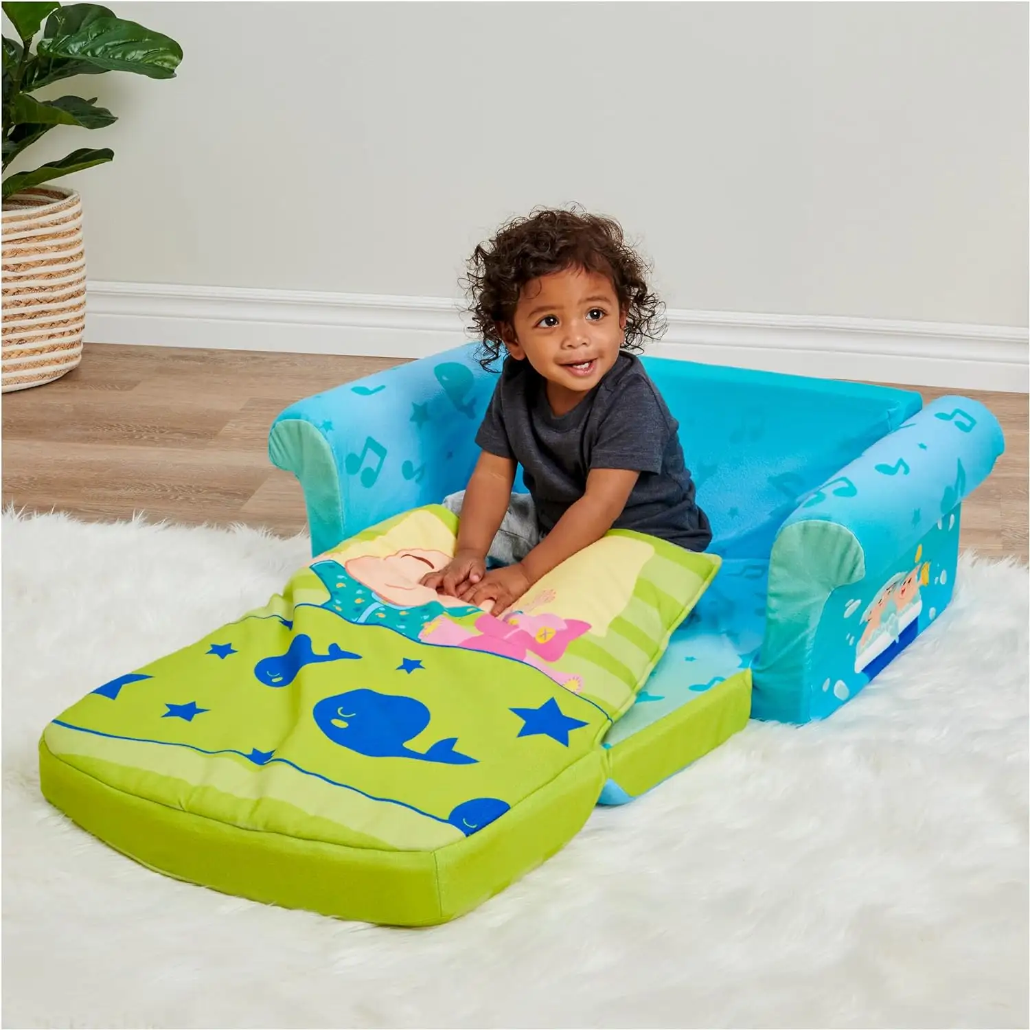 Mobiliário de sofá infantil dobrável de espuma sofá aberto 3 em 1 com cobertor com tampa deslizante