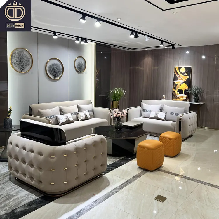 Biệt thự nhà màu trắng hiện đại sang trọng chính hãng Da chesterfield sofa ý kem màu Top Grain da sofa Set