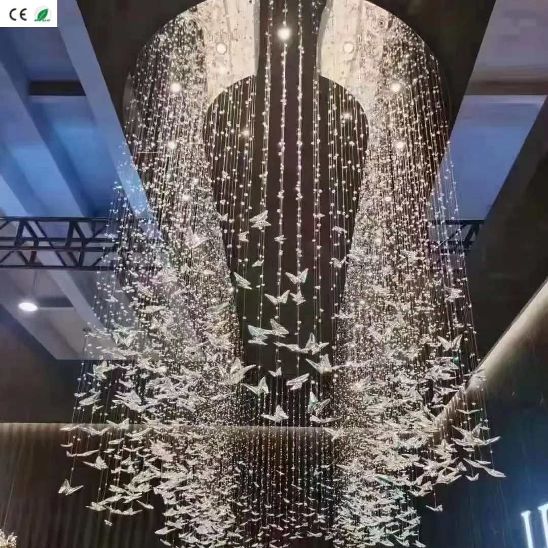 Produttore di lampadari a farfalla in cristallo K9 lampadario in cristallo personalizzato a soffitto lungo per la casa dell'ingresso dell'hotel a cinque stelle