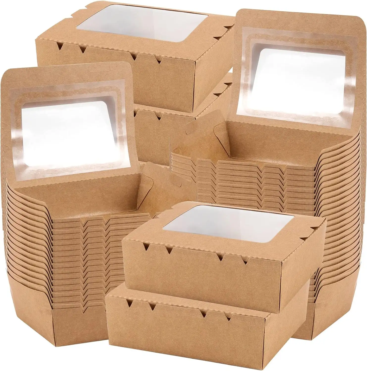 Caja para llevar de embalaje de papel Kraft con ventana de gran oferta para Fideos, ensalada, pollo, patatas fritas, aperitivos