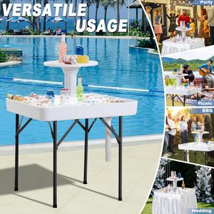 <strong>Multi</strong> <strong>Functional</strong> New Outdoor HDPE Foldable Square Two Tier Fill and Chill <strong>Tables</strong> with Top Round Tray and Removable Skirt - Product Image 4