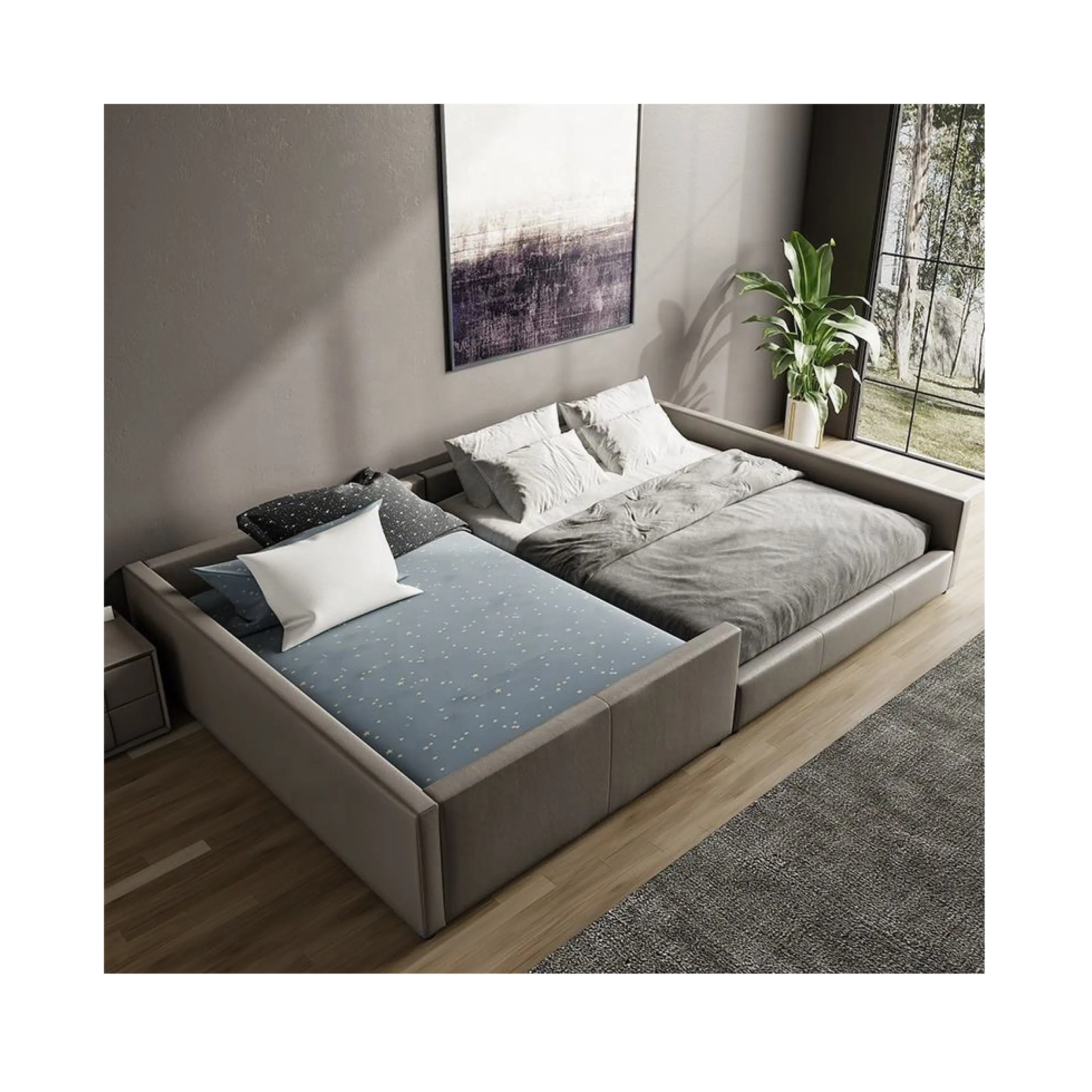 Cama moderna de madeira, conjunto de quarto com cama dupla de madeira e couro