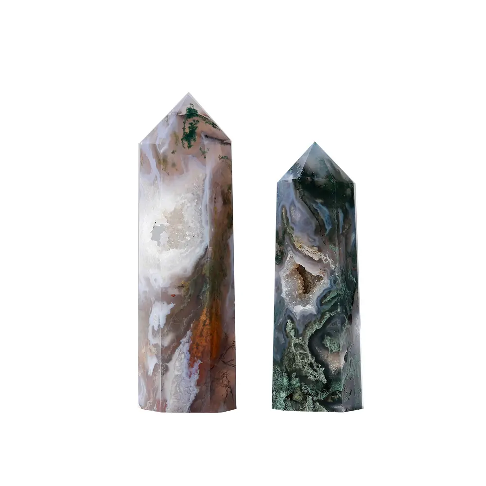 Columna de geoda cristalina natural, cristales curativos de punto de musgo verde, piedras feng shui, venta al por mayor