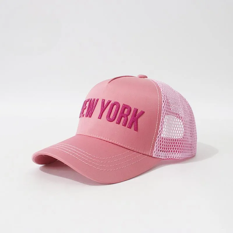 قبعة بيسبول نسائية بشبكة مطبوع عليها TPU LOGO بتصميم نيويورك للصيف بلون وردي