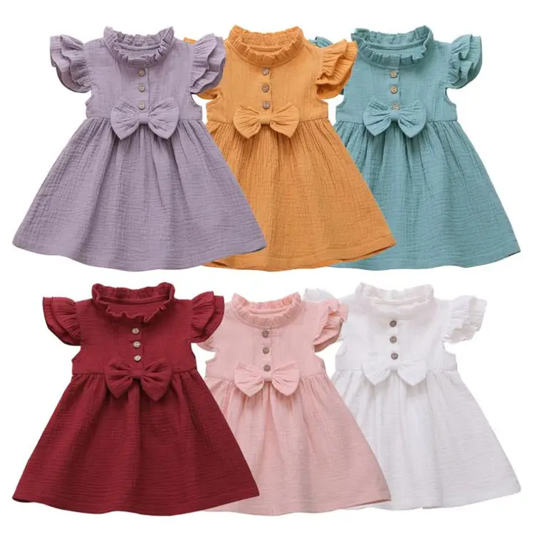 단색 소녀 드레스 Bowknot 바느질 멋진 드레스 린넨 아기 Frock 디자인 2020 한국 어린이 의류