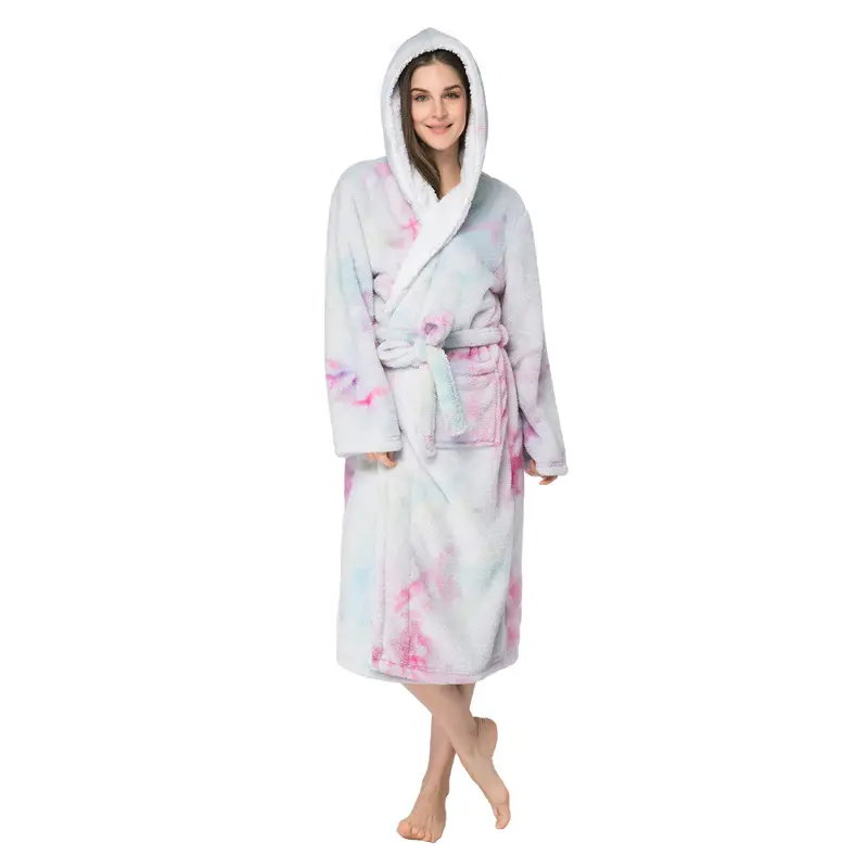 Personalizzato tie-dye stampato Sherpa Pigiama per le donne super soft lungo accappatoio con cappuccio