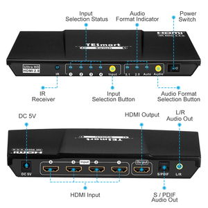Interruptor divisor de 4 puertos 4x1 HDMI, 4k @ 60Hz con salida de Audio adicional, compatible con detección de entrada automática S/PDIF L/R, conmutador HDMI