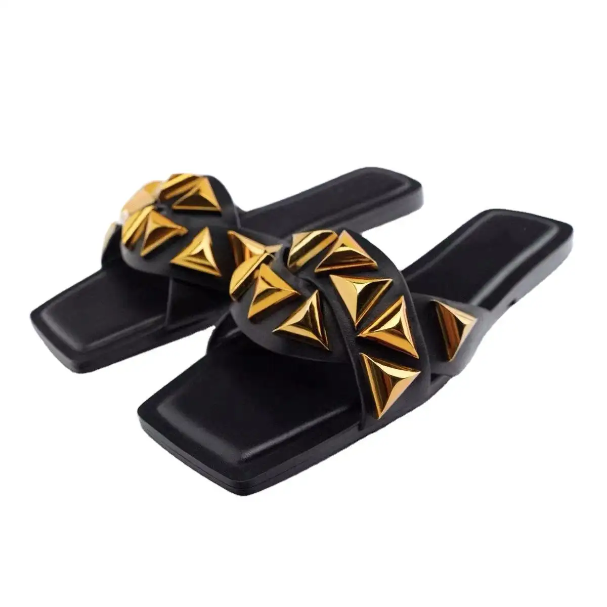 2024 sandalias de diseñador de triángulo de Metal de diseño de fábrica personalizado para mujeres y damas zapatillas de lujo para zapatos planos de moda de verano