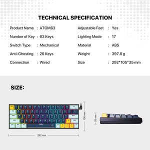 Fantech ATOM63 MK874V2 MORI 63 <strong>Keys</strong> Layout Wired Mechanical <strong>Keyboard</strong> <strong>Replaceable</strong> Red &amp; Blue Switch RGB Backlight Gaming <strong>Keyboard</strong> - Product Image 6