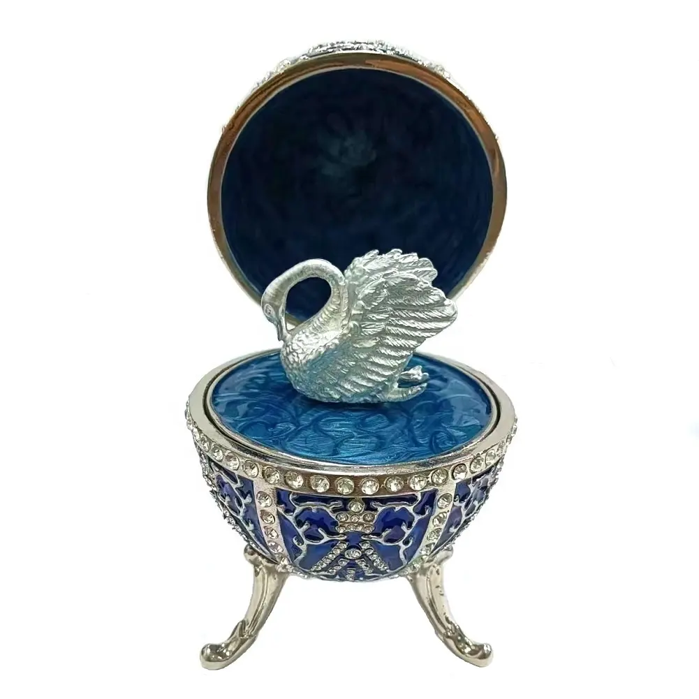 Estilo vintage Faberge ovo com esmalte rico e espumante cisne música jóias Trinket Box
