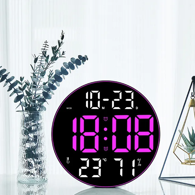 Relógio digital grande com display grande LED, relógio redondo eletrônico de parede com dia e data, relógio de escritório e de mesa