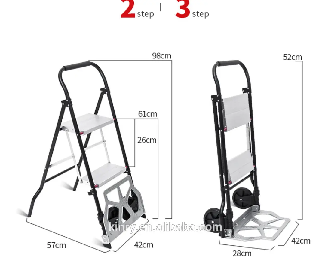 Caminhão de mão 2 em 1 2 passo, escada dobrável de alumínio, escada 330lbs, carrinho portátil resistente, dolly 176lbs com duas rodas