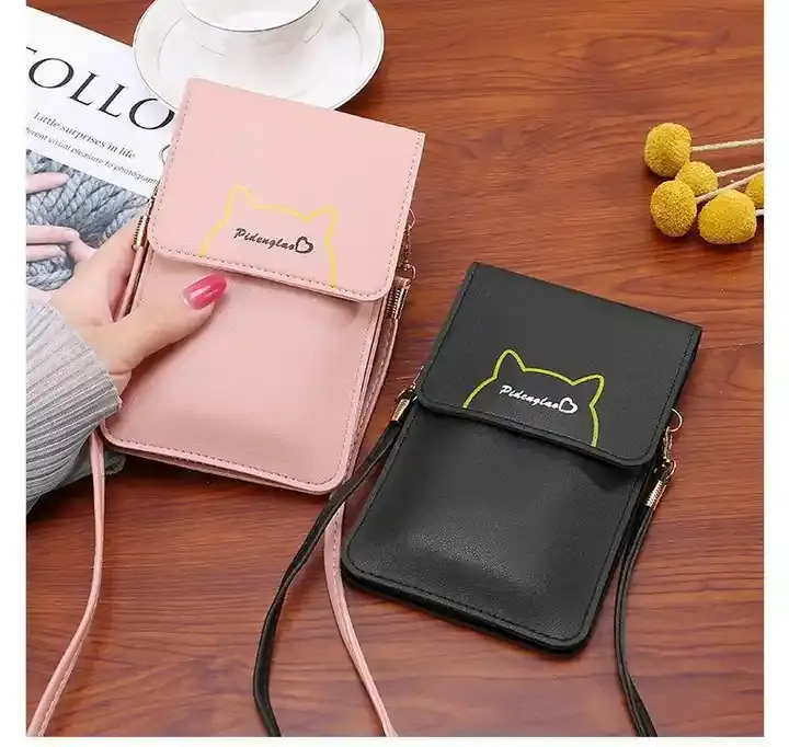 Casing ponsel dompet kulit sentuhan bening desainer kasual dengan tas kantong rantai tas selempang wanita kucing kartun lucu dengan tali PU
