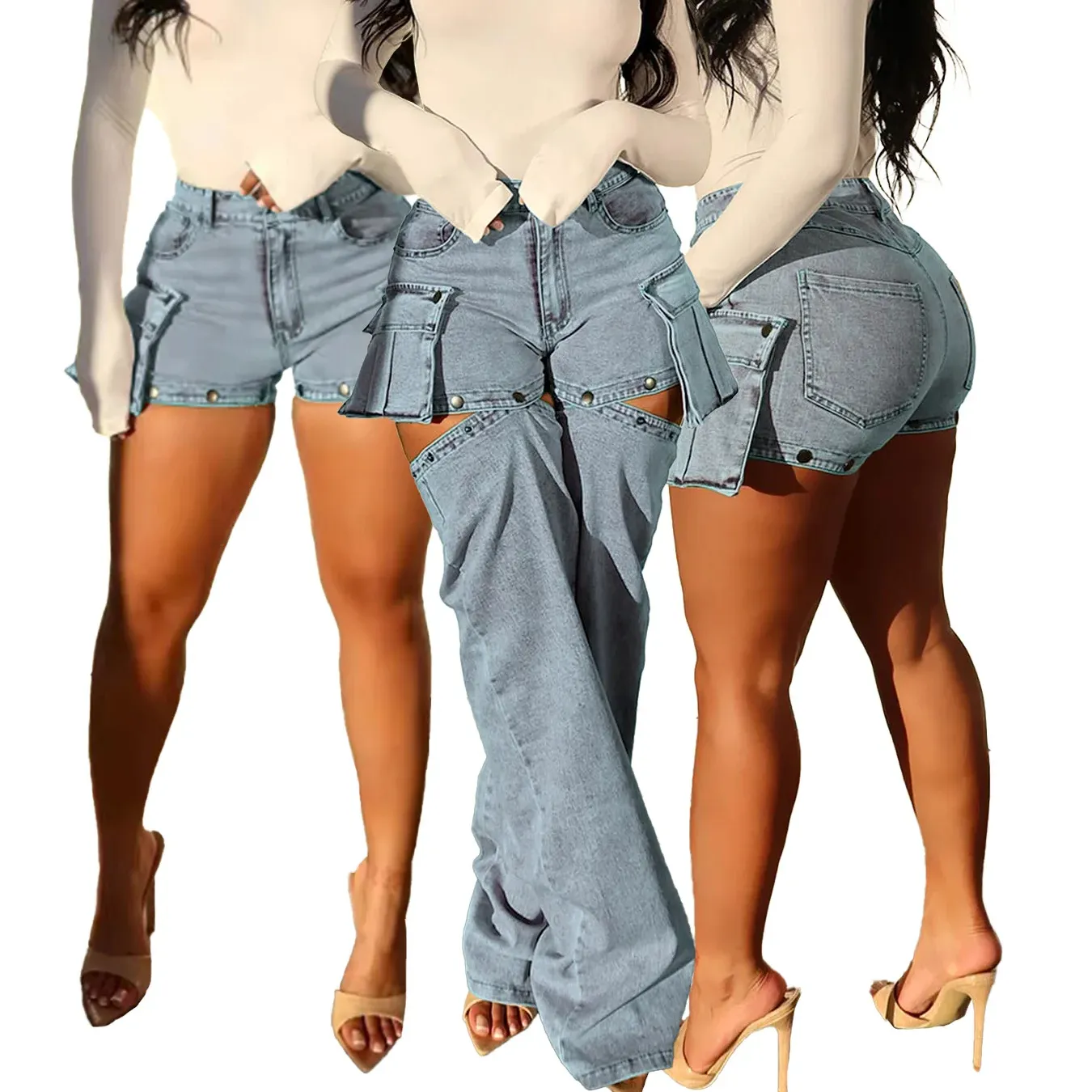 Jeans plus size feminino, shorts de verão transparente azul grosso, calças jeans desmontáveis, shorts de comprimento, calças jeans plus size, moda feminina, primavera 2024, verão