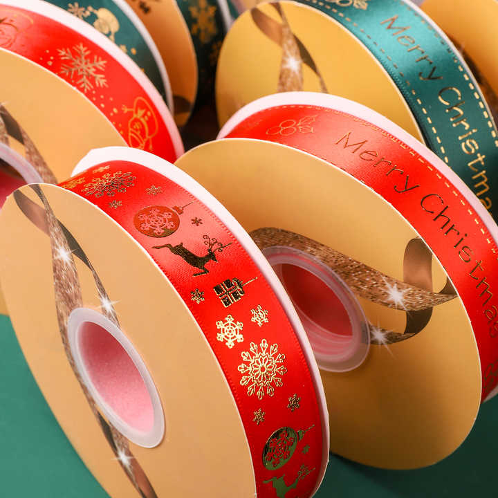 Wholesale of Spot Christmas Flowers/cakes/Christmas Tree Decorations with Polyester Strap Hot Stamping Green Ribbon