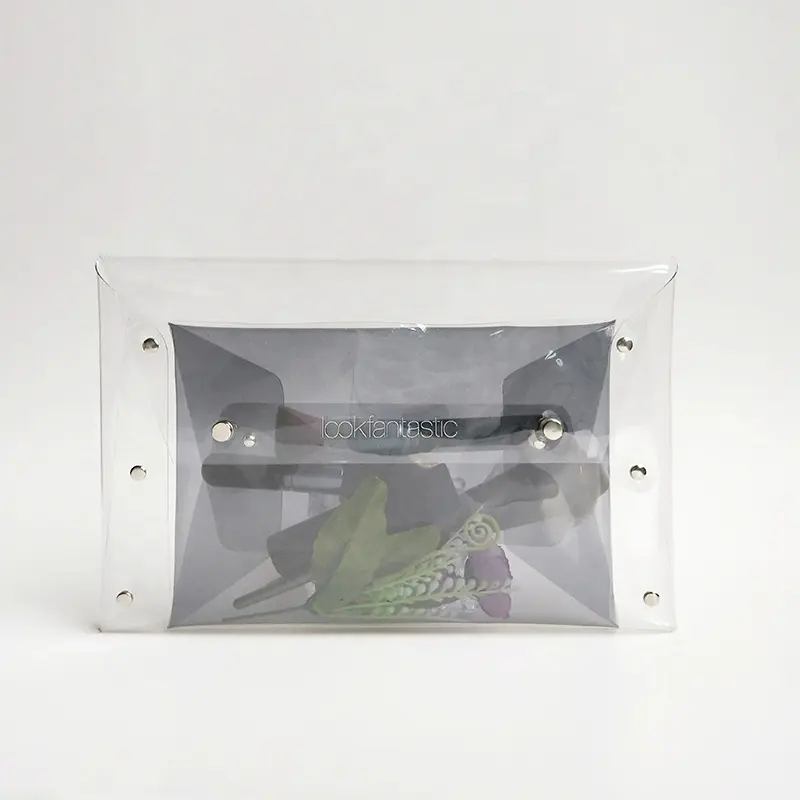Saco de bolsa transparente impresso, logotipo de folha de prata de estampagem, pvc transparente, bolsa de envelope