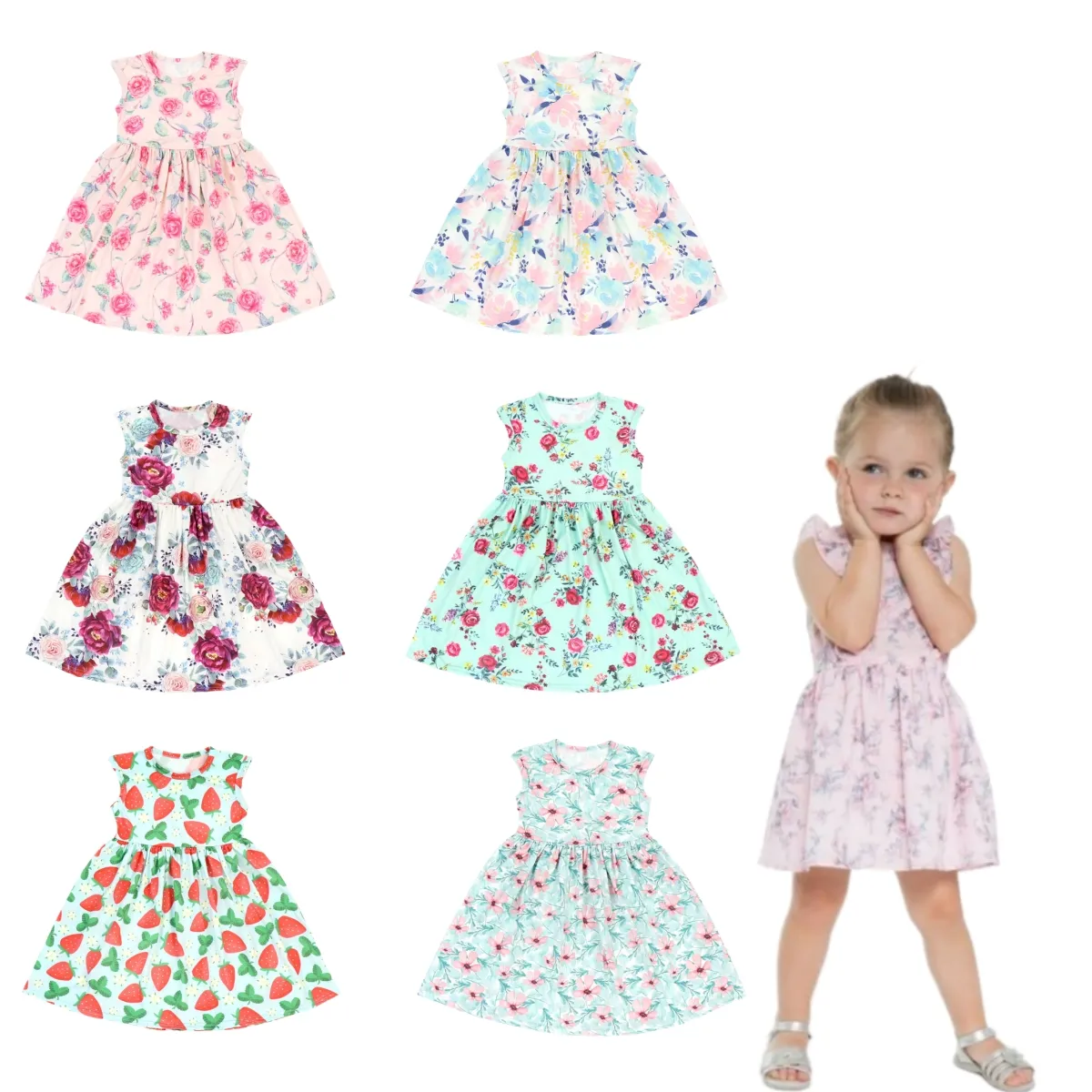 Popular delicado bebé niña vestido de verano personalización patrón de moda estampado completo vestido sin mangas para bebés niñas niños pequeños