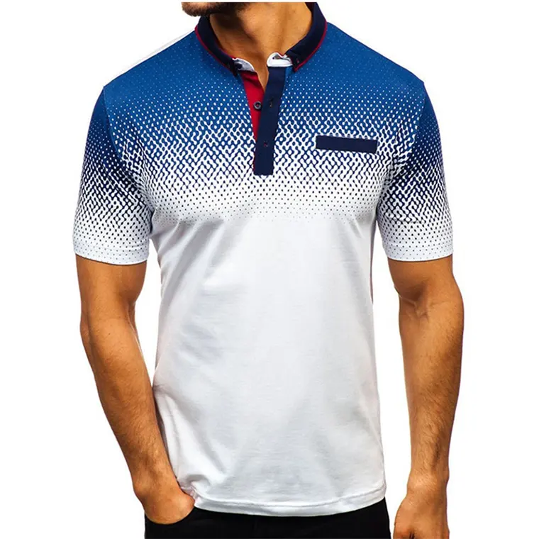 Özel çiçek baskı erkek boy yakasız Polo gömlekler 100% pamuk Golf gömlek logosu kısa kollu-yaz sezonu toptan