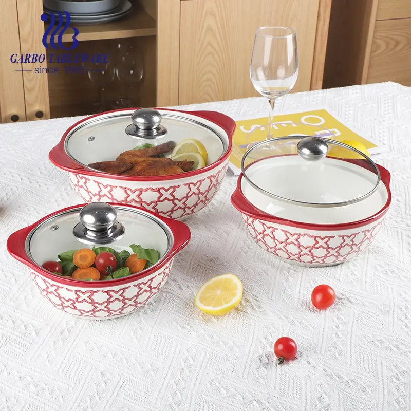 赤色ノンスティックセラミックキャセロールポットダッチオーブン耐熱毎日の家庭用キッチンセラミック調理鍋ガラス蓋付き