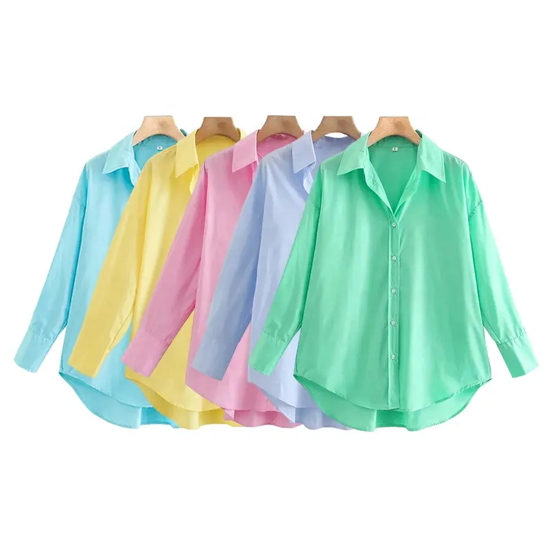 Blusa de popeline solta vintage de manga comprida com botões, blusa feminina chique de poliéster, camisa formal com garantia comercial
